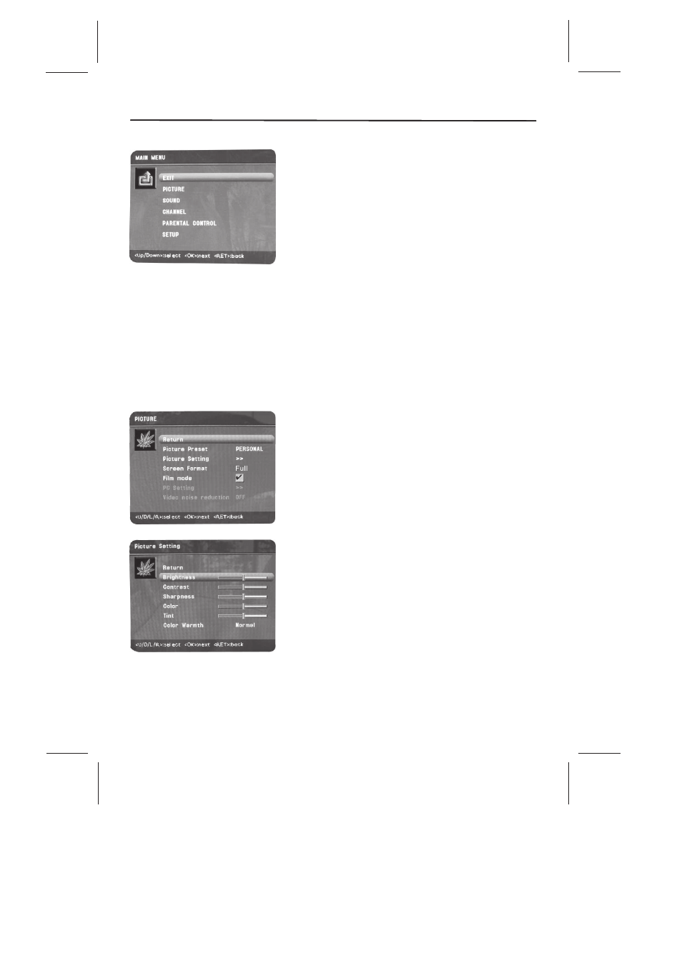 Using the menu system, Picture menu | Skyworth SLTV-2268A-2 User Manual | Page 18 / 37