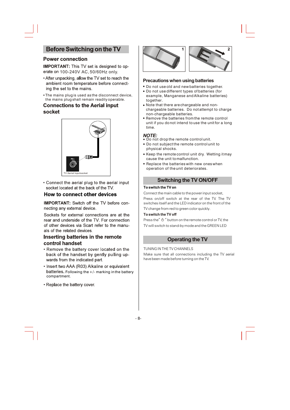 Switching the tv on/off operating the tv | Skyworth LCD-32L16 User Manual | Page 11 / 17