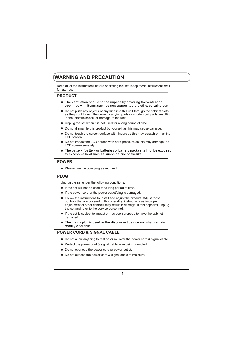 Warning and precaution | Skyworth LCD-22L5F User Manual | Page 2 / 14