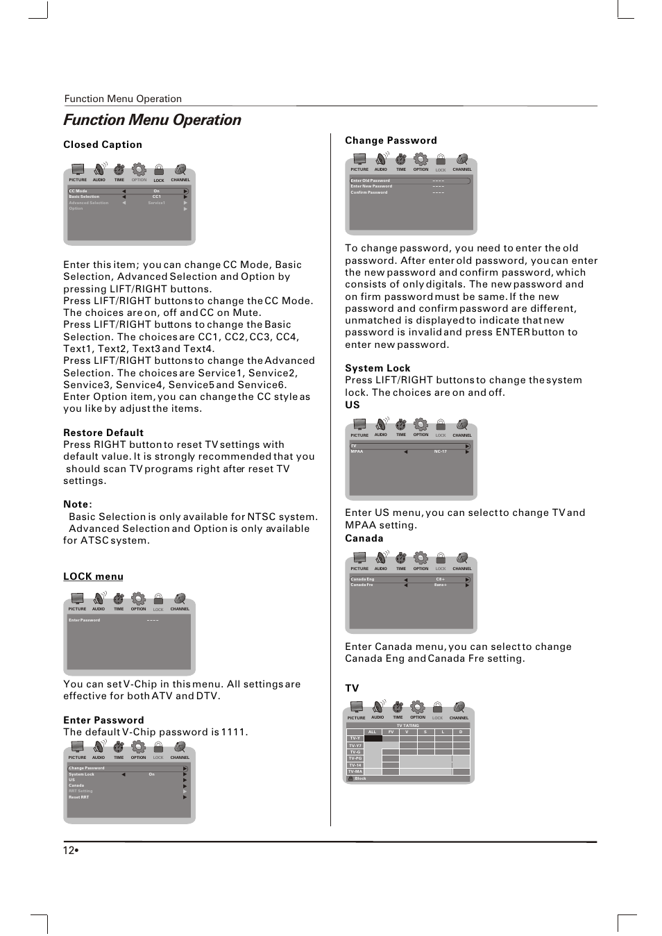 Function menu operation, Basic selection is only available for ntsc system | Skyworth SLTV-1963A-1 User Manual | Page 13 / 17