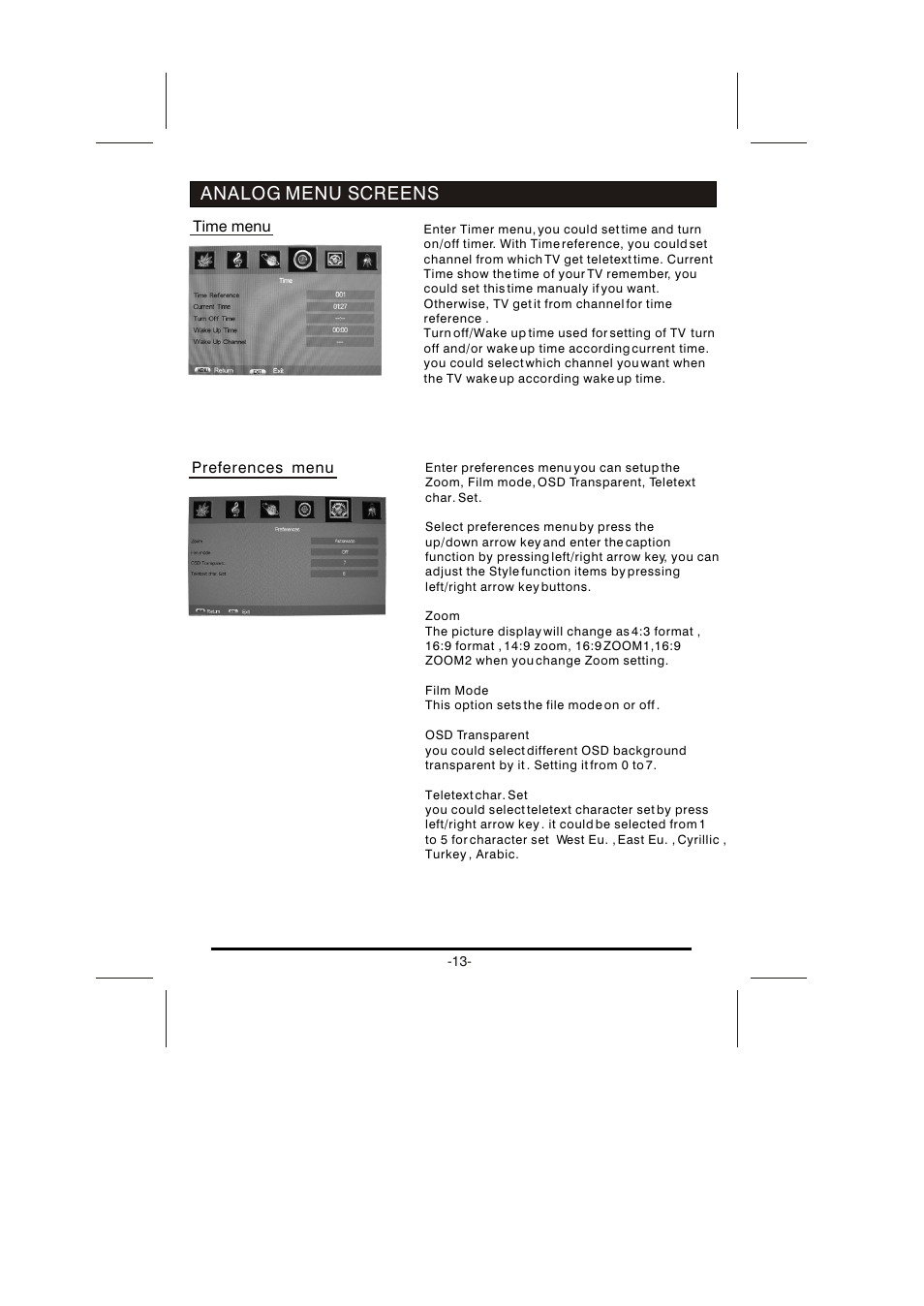 Analog menu screens | Skyworth LCD-26L16HLCD-26L16H User Manual | Page 16 / 21