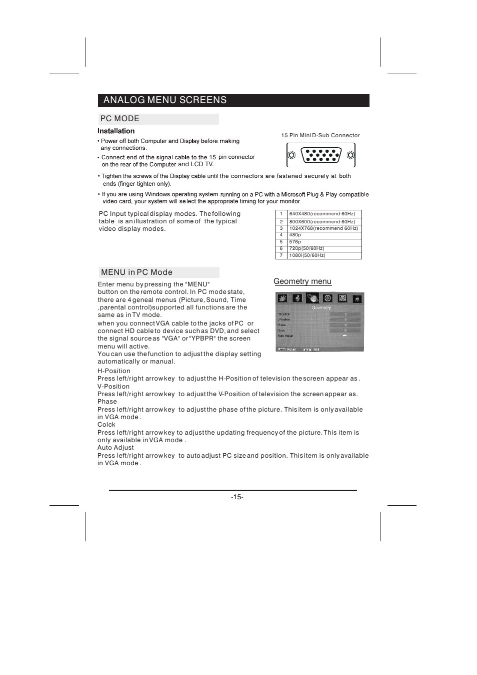 Picture, Analog menu screens | Skyworth LCD-26L16HLCD-26L16H User Manual | Page 18 / 21