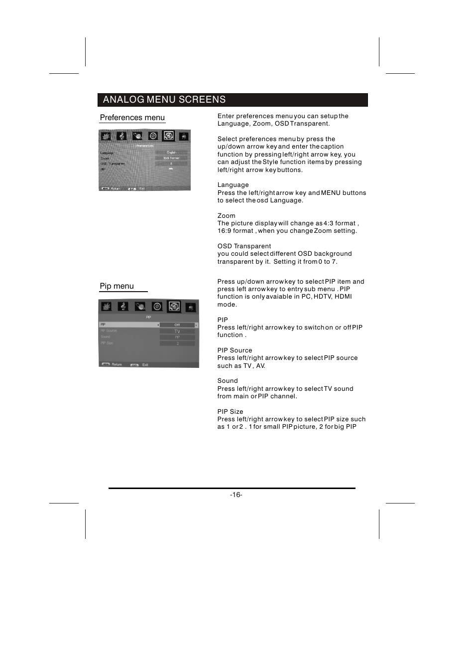 Analog menu screens | Skyworth LCD-26L16HLCD-26L16H User Manual | Page 19 / 21