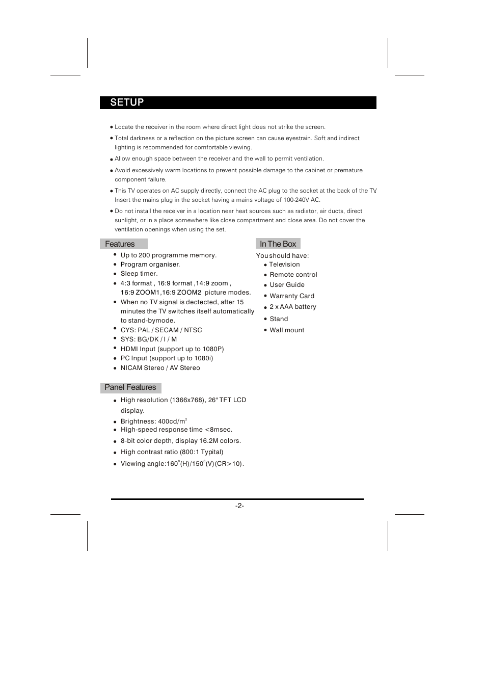 Setup, Features, Panel features | Skyworth LCD-26L16HLCD-26L16H User Manual | Page 5 / 21