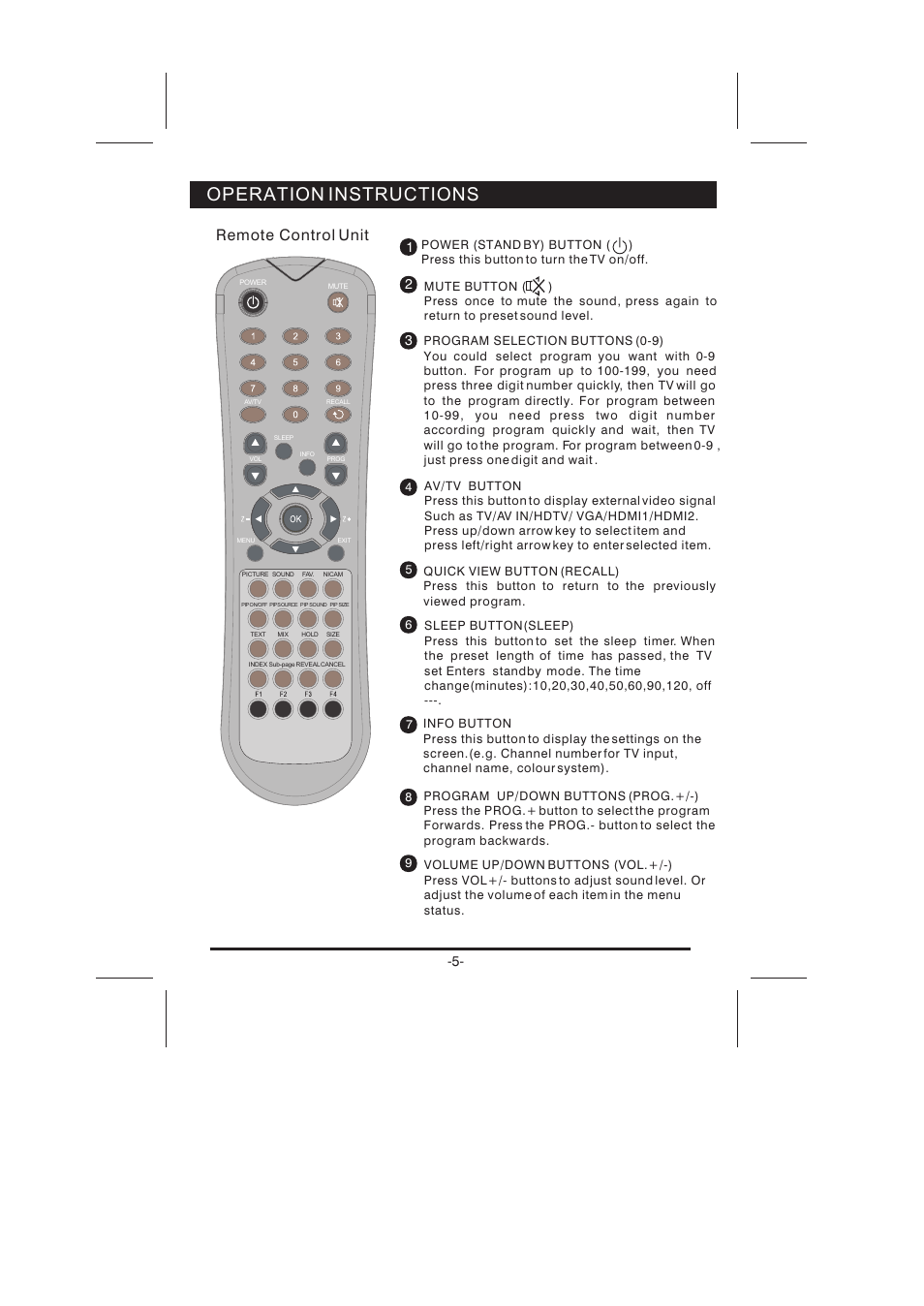 Operation instructions, Remote control unit | Skyworth LCD-26L16HLCD-26L16H User Manual | Page 8 / 21