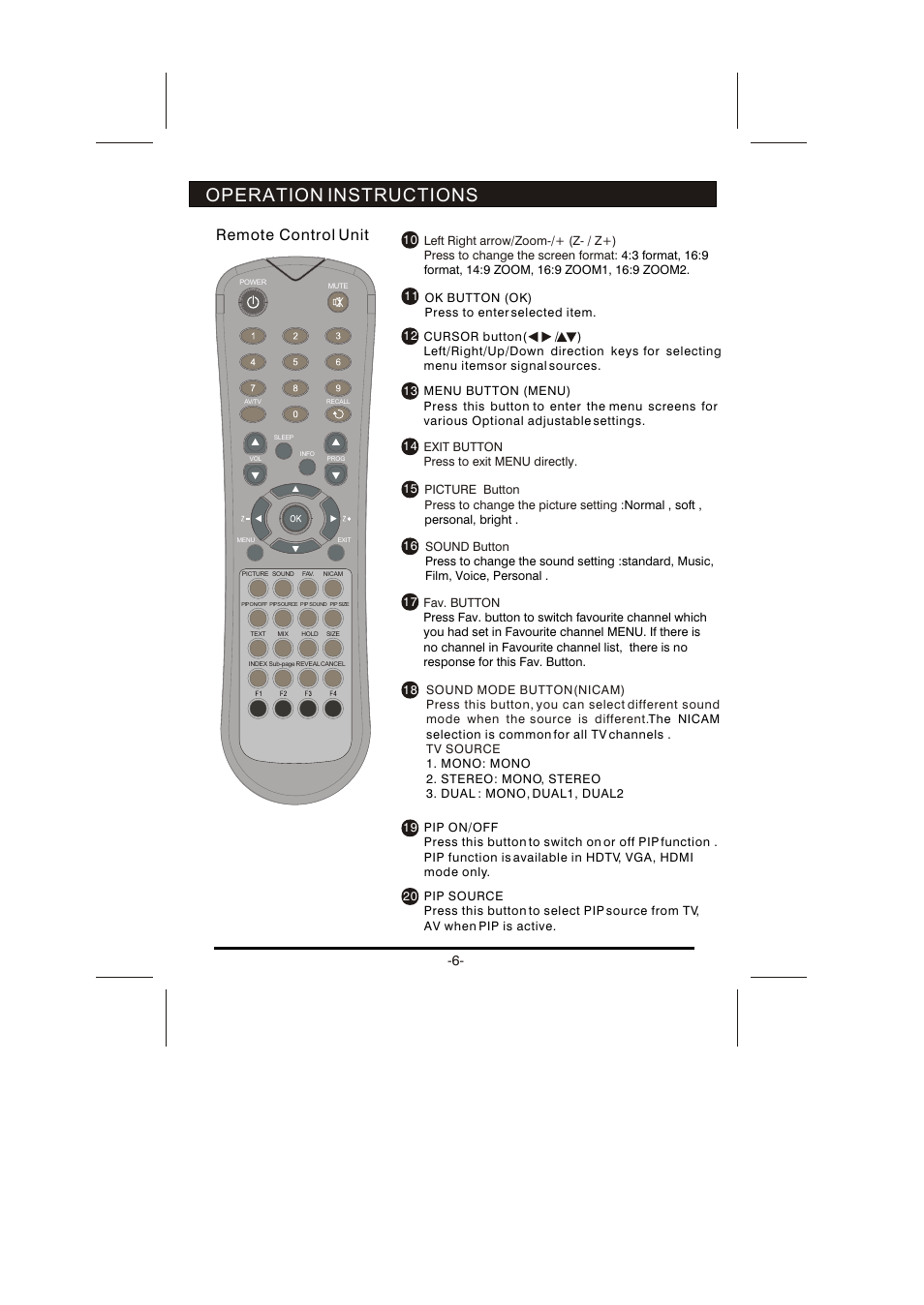 Operation instructions, Remote control unit | Skyworth LCD-26L16HLCD-26L16H User Manual | Page 9 / 21