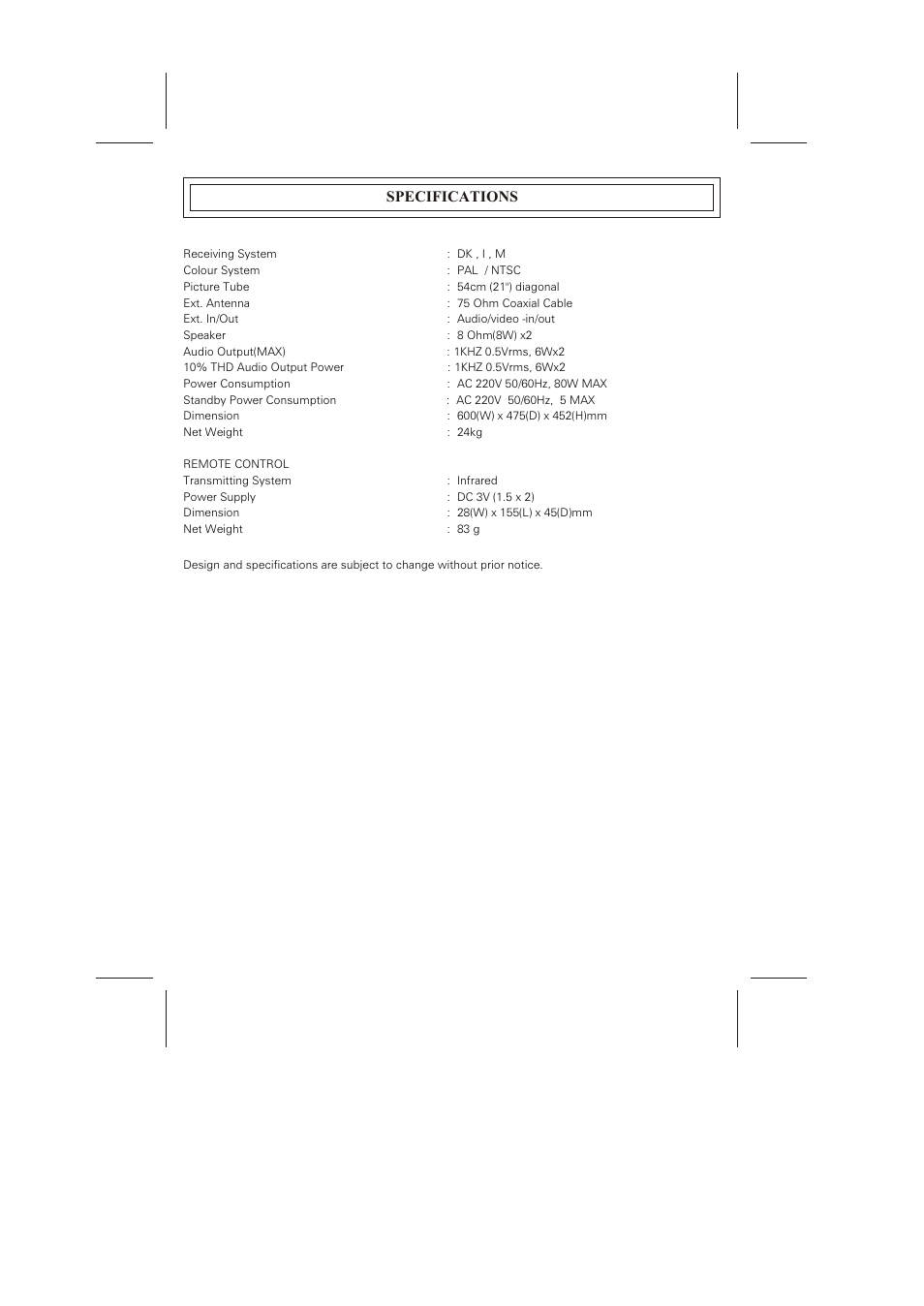 Specifications | Skyworth CTV-21T05N User Manual | Page 2 / 17