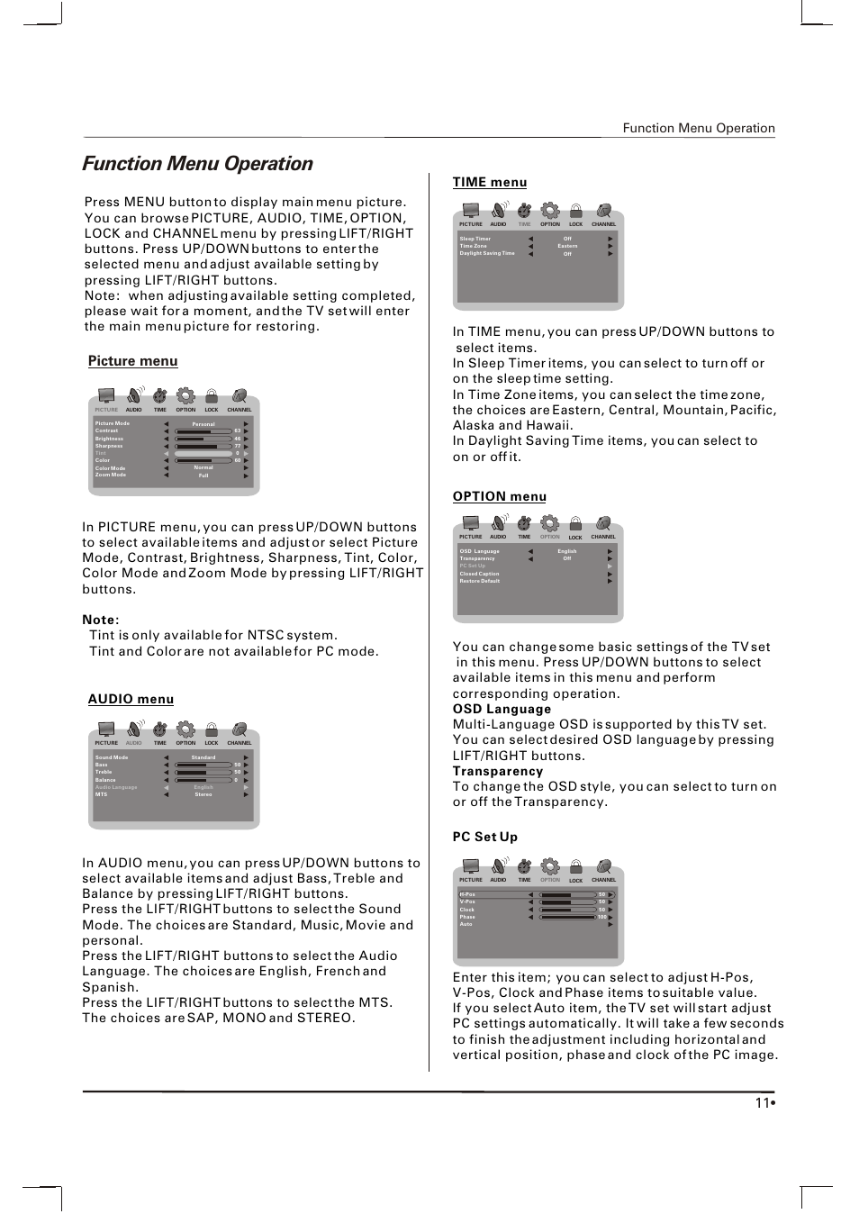 Picture menu, Function menu operation, Tint is only available for ntsc system | Skyworth SLTV-1551A-1 User Manual | Page 12 / 17
