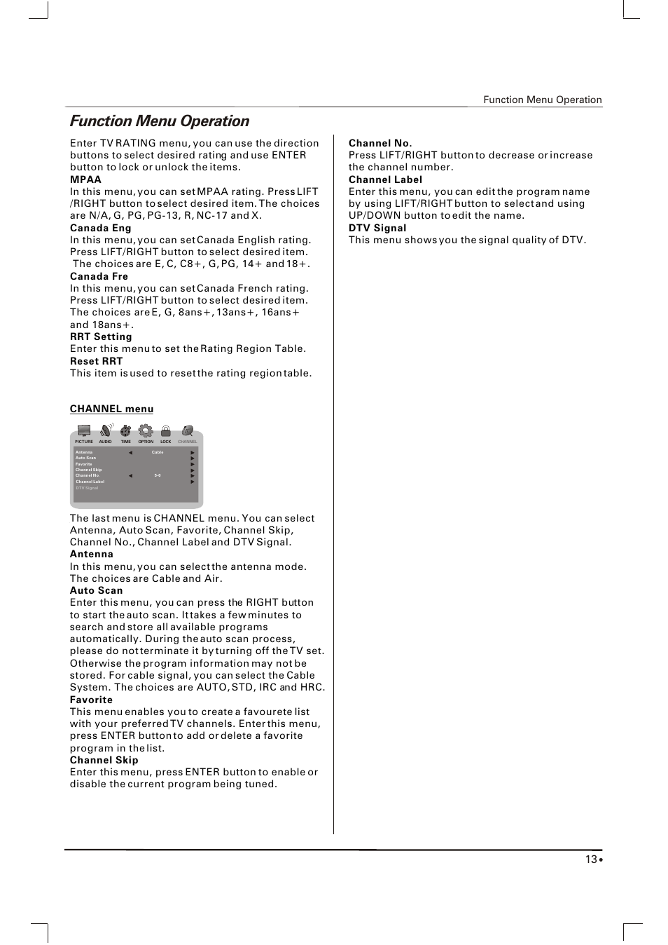 Function menu operation | Skyworth SLTV-1551A-1 User Manual | Page 14 / 17