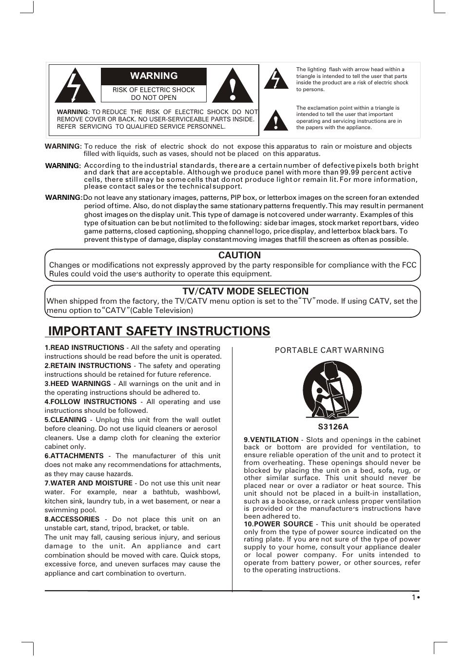 Important safety instructions, Warning | Skyworth SLTV-1551A-1 User Manual | Page 2 / 17