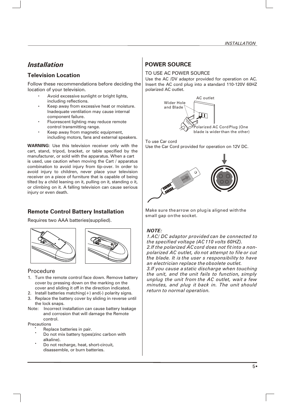 Installation | Skyworth SLTV-1551A-1 User Manual | Page 6 / 17