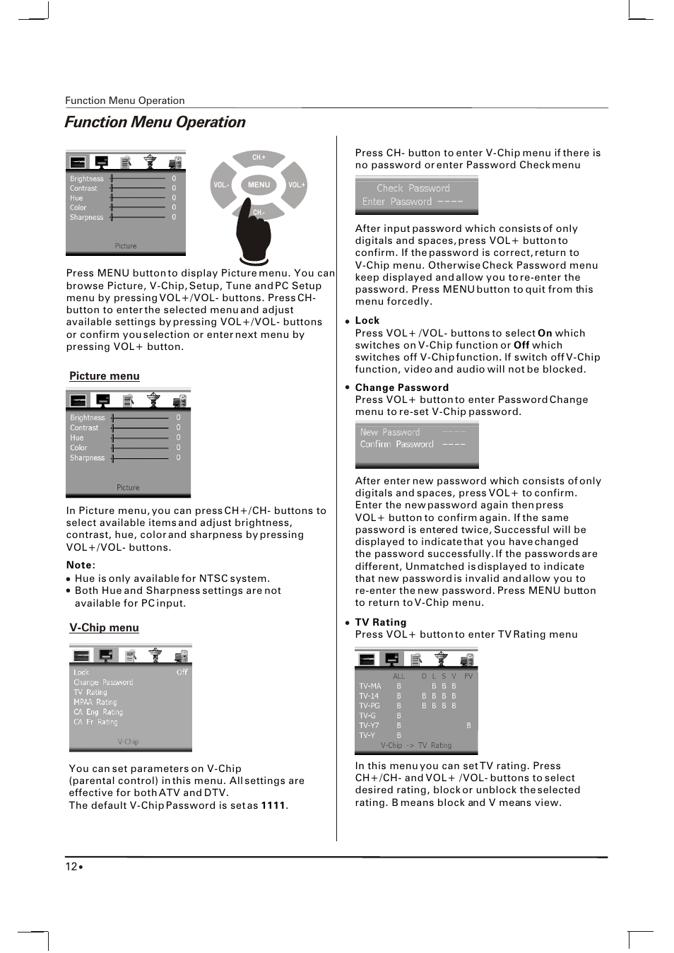 Function menu operation | Skyworth SLTV-2063A User Manual | Page 13 / 20