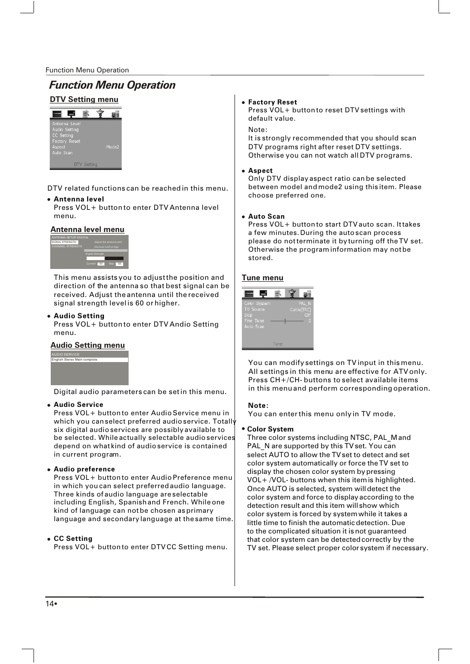 Function menu operation, Antenna level menu audio setting menu, Tune menu dtv setting menu | Skyworth SLTV-2063A User Manual | Page 15 / 20