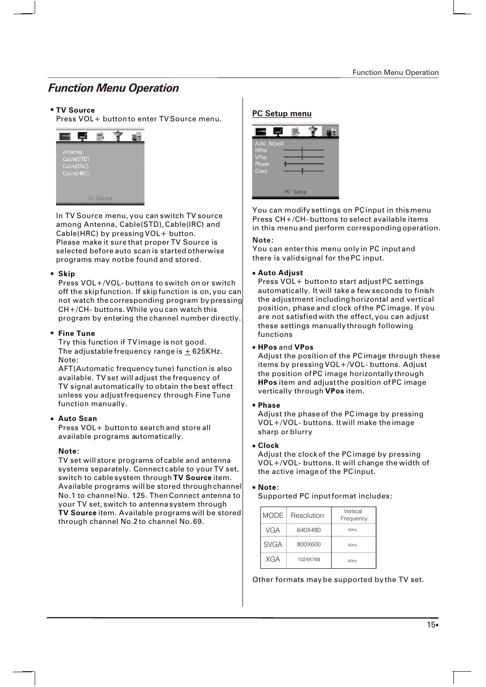 Function menu operation | Skyworth SLTV-2063A User Manual | Page 16 / 20