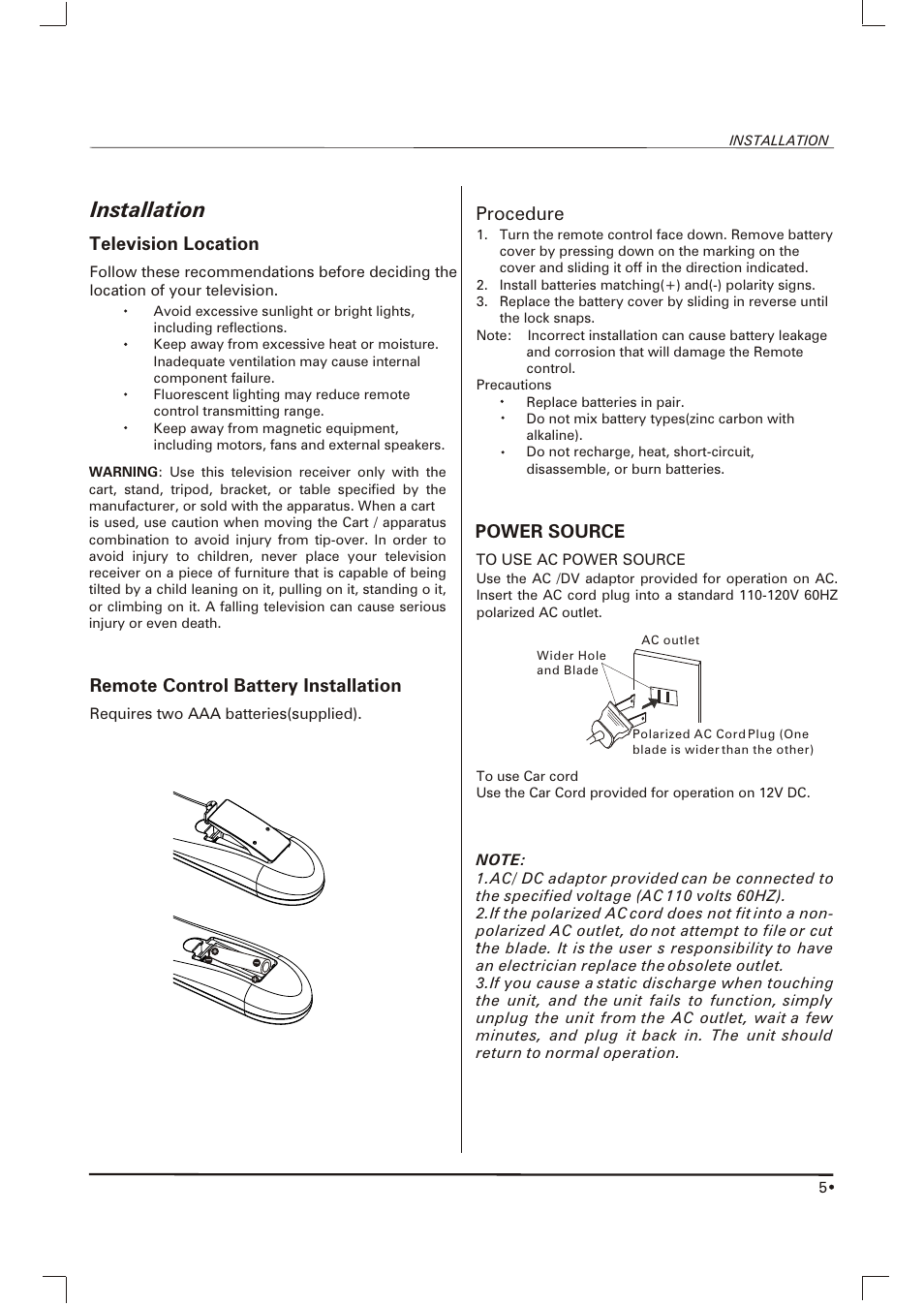 Installation | Skyworth SLTV-2063A User Manual | Page 6 / 20