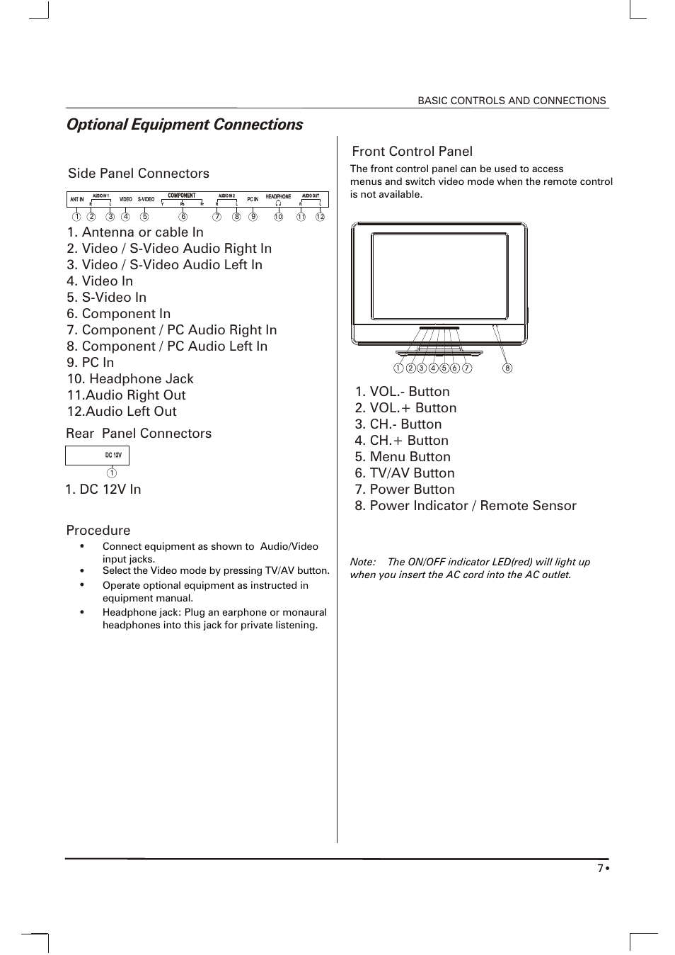 Optional equipment connections, Procedure, Front control panel | Basic controls and connections | Skyworth SLTV-2063A User Manual | Page 8 / 20