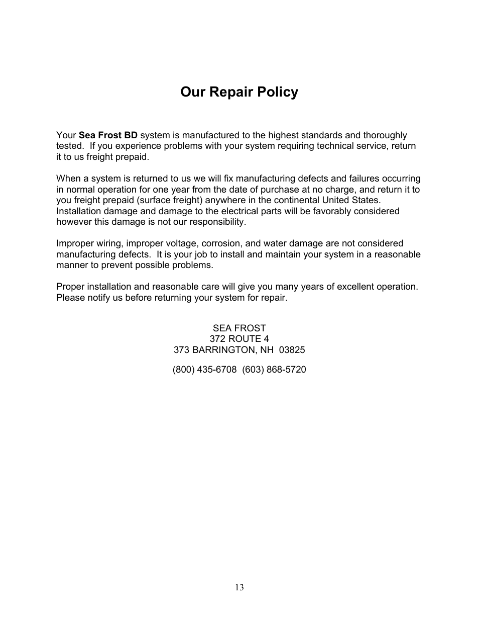 Our repair policy | Sea Frost 372 ROUTE User Manual | Page 13 / 13
