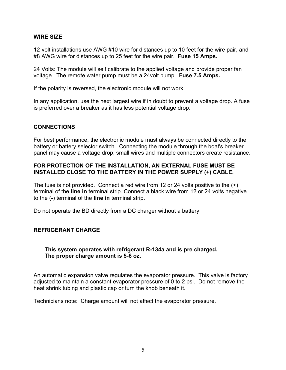 Wire size, Connections, Refrigerant charge | Sea Frost 372 ROUTE User Manual | Page 5 / 13