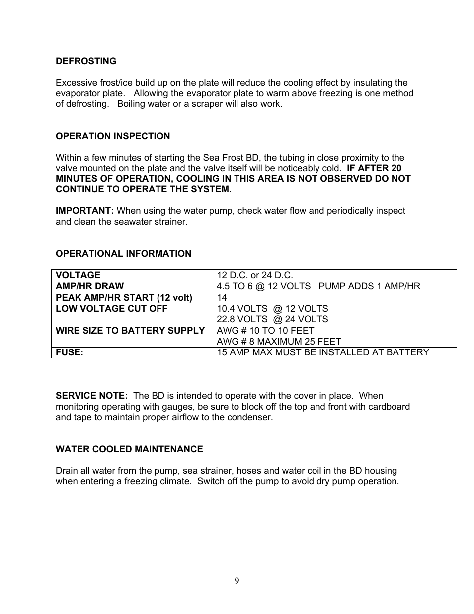 Defrosting, Operation inspection, Operational information | Service note, Water cooled maintenance | Sea Frost 372 ROUTE User Manual | Page 9 / 13