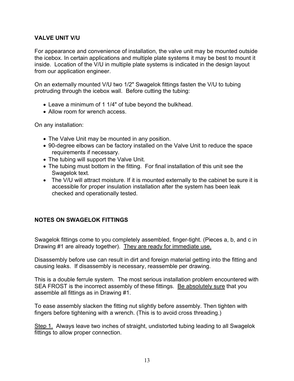 Valve unit v/u, Notes on swagelok fittings | Sea Frost DC 5000 User Manual | Page 13 / 46