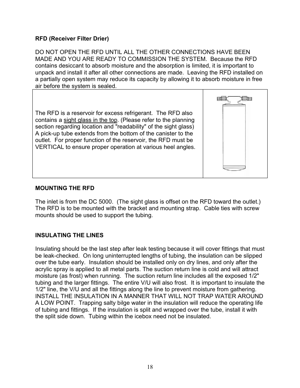 Rfd (receiver filter drier), Insulating the lines | Sea Frost DC 5000 User Manual | Page 18 / 46