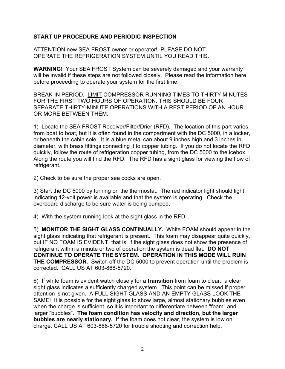 Start up procedure and periodic inspection | Sea Frost DC 5000 User Manual | Page 2 / 46