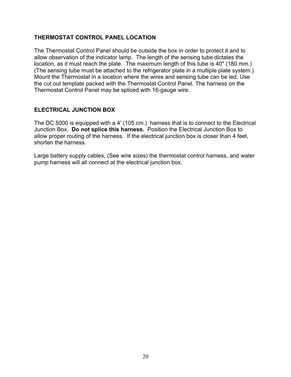Thermostat control panel location, Electrical junction box | Sea Frost DC 5000 User Manual | Page 20 / 46