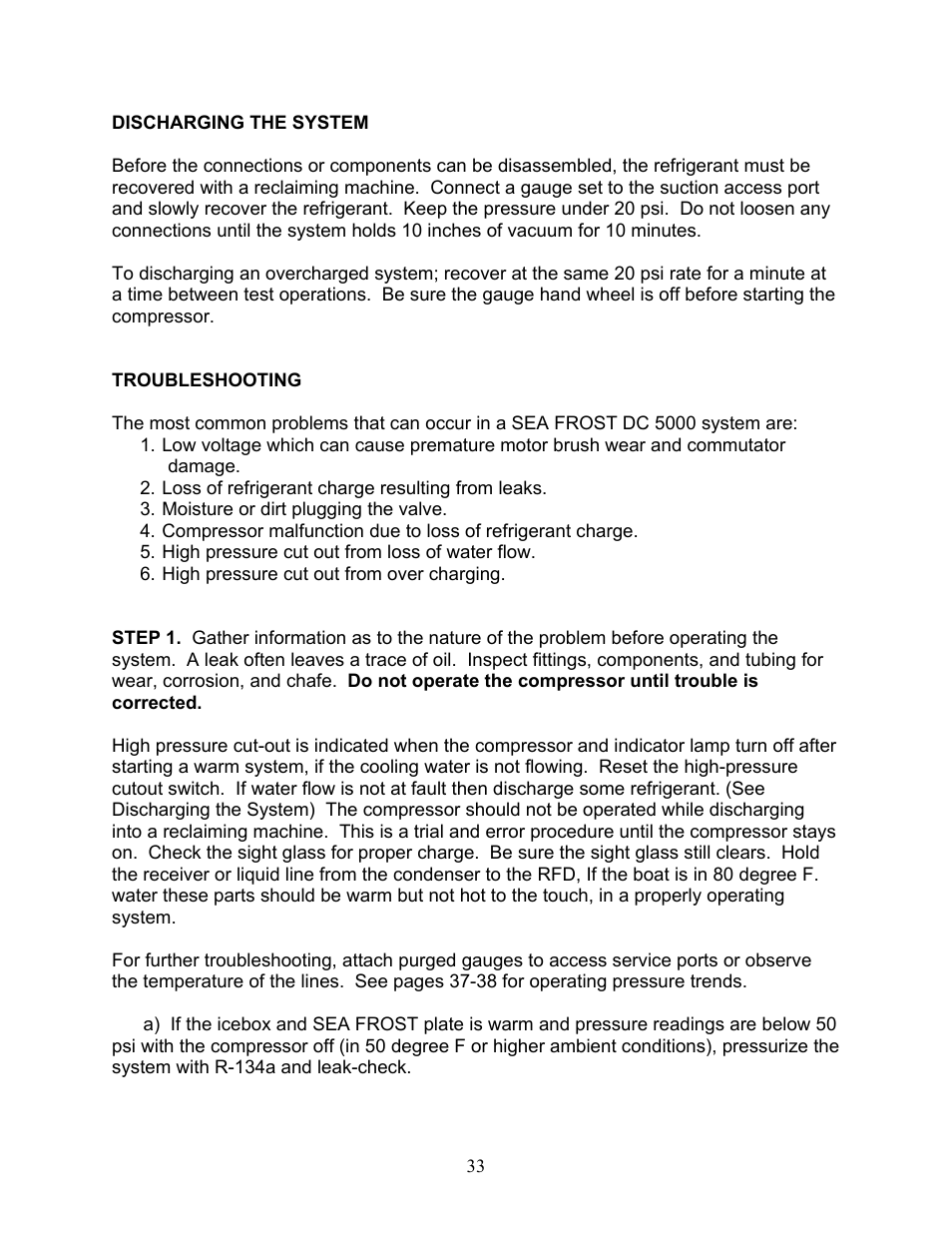Discharging the system, Troubleshooting | Sea Frost DC 5000 User Manual | Page 33 / 46