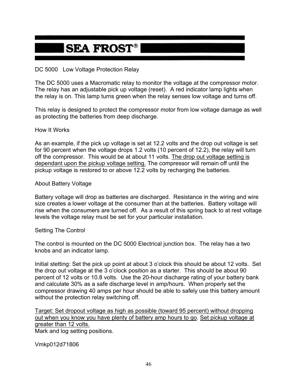 Dc 5000 low voltage protection relay | Sea Frost DC 5000 User Manual | Page 46 / 46