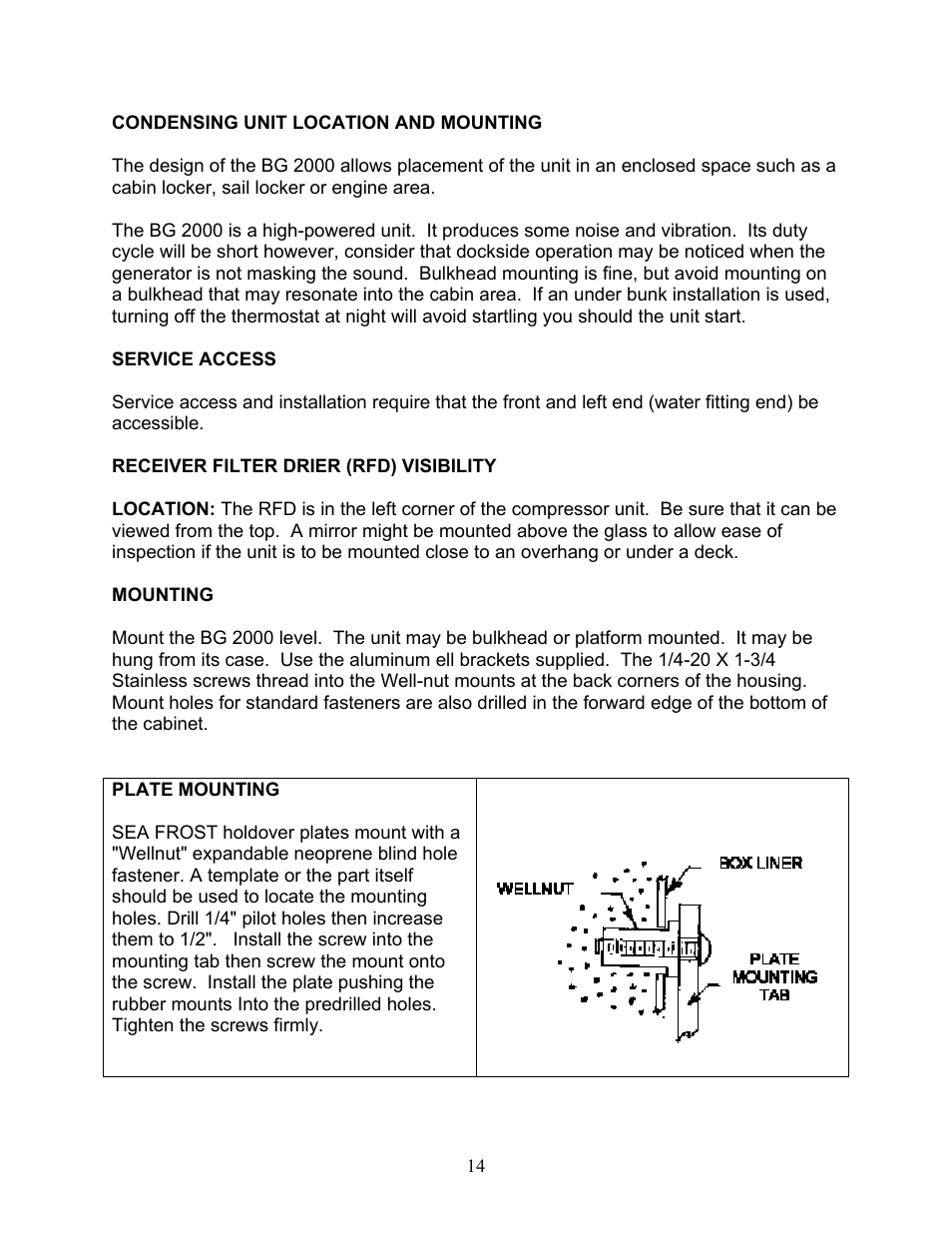 Condensing unit location and mounting | Sea Frost BG 2000 User Manual | Page 14 / 37