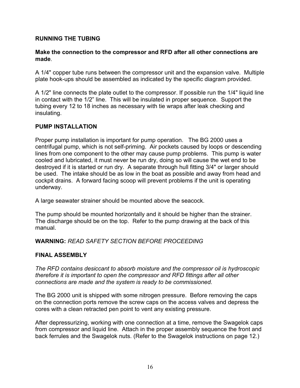 Pump installation | Sea Frost BG 2000 User Manual | Page 16 / 37