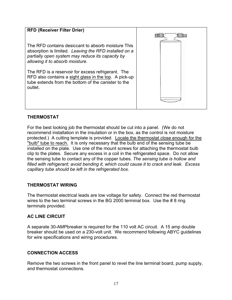 Rfd (receiver filter drier), Thermostat | Sea Frost BG 2000 User Manual | Page 17 / 37