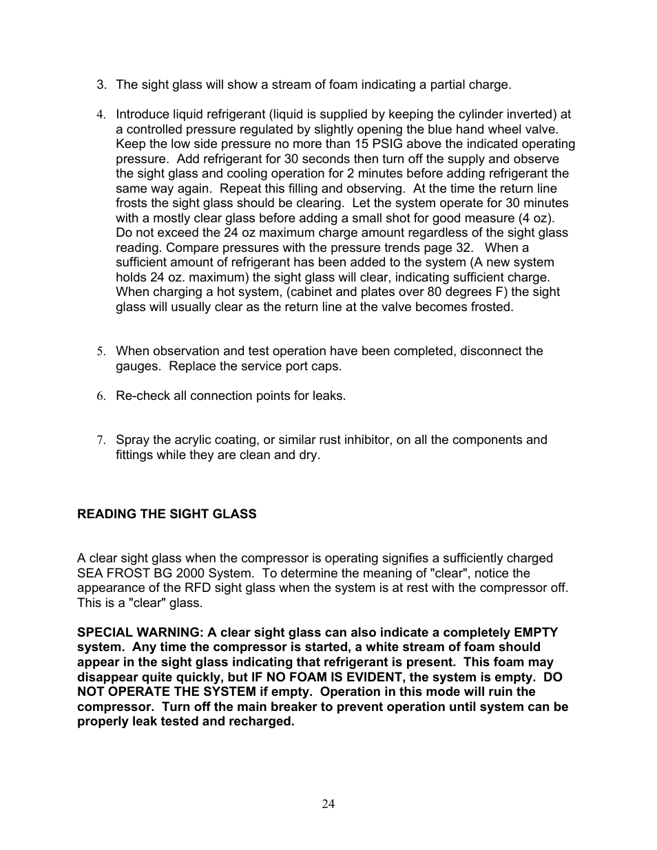Reading the sight glass | Sea Frost BG 2000 User Manual | Page 24 / 37