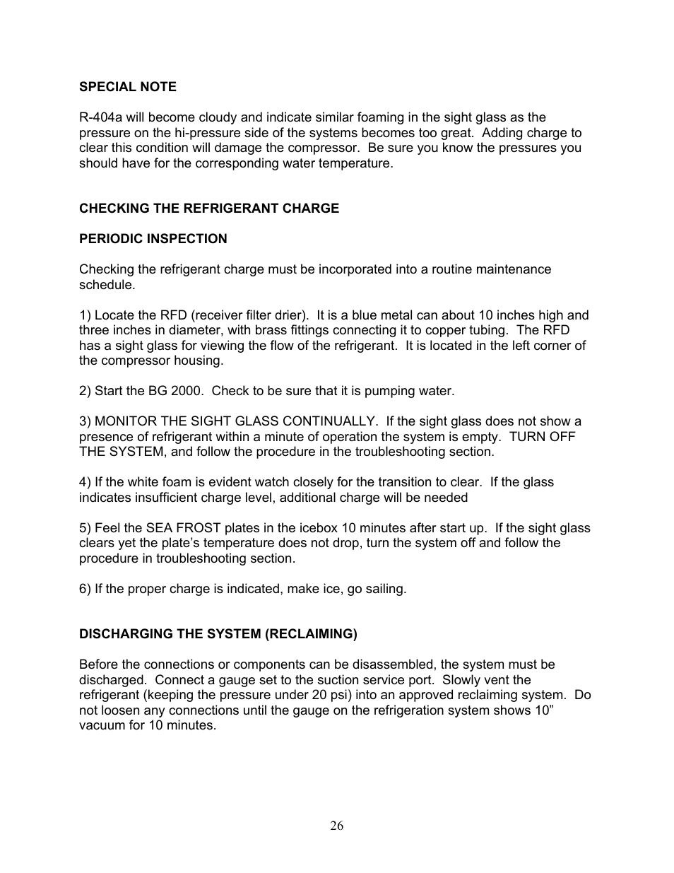 Checking the refrigerant charge | Sea Frost BG 2000 User Manual | Page 26 / 37