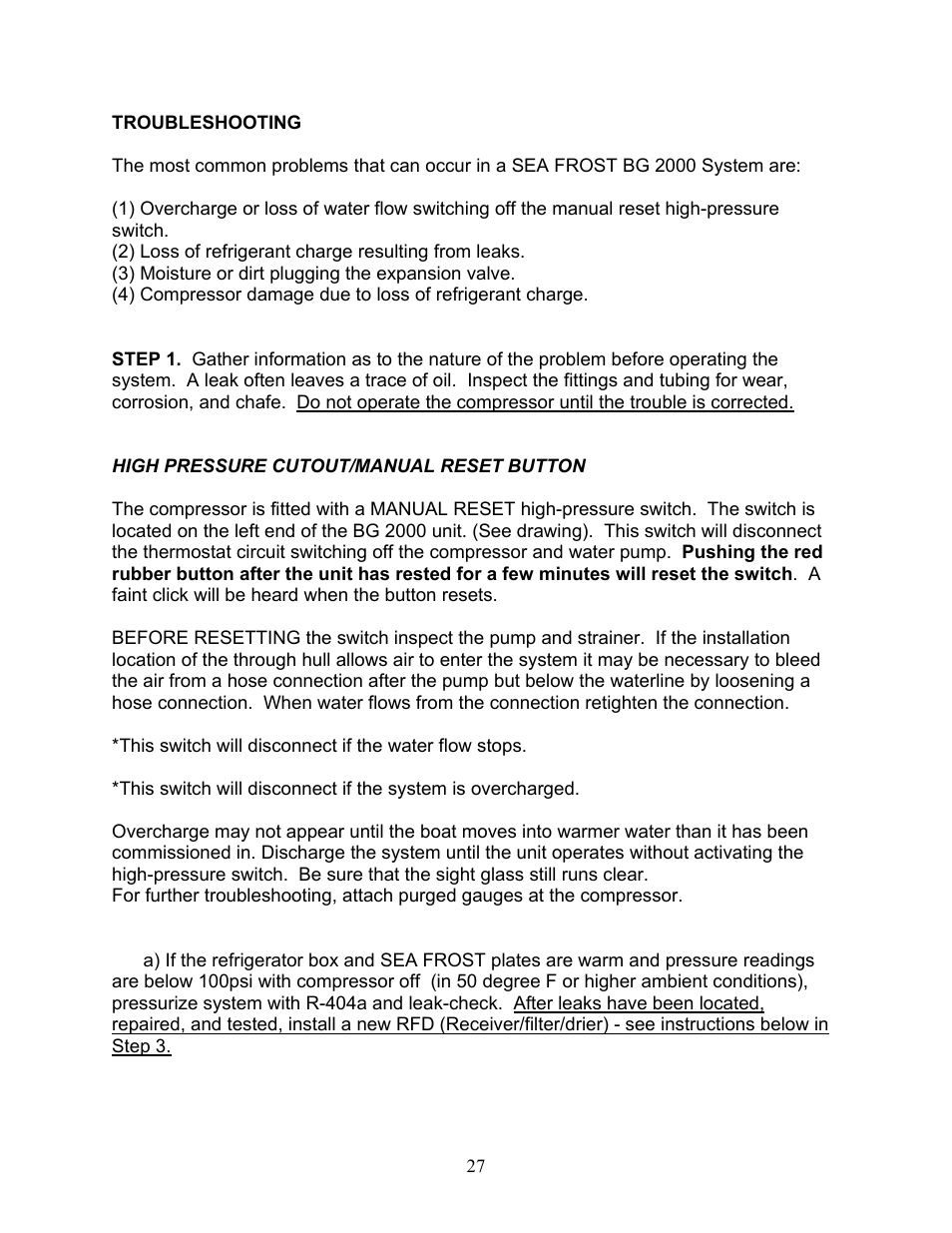 Troubleshooting | Sea Frost BG 2000 User Manual | Page 27 / 37