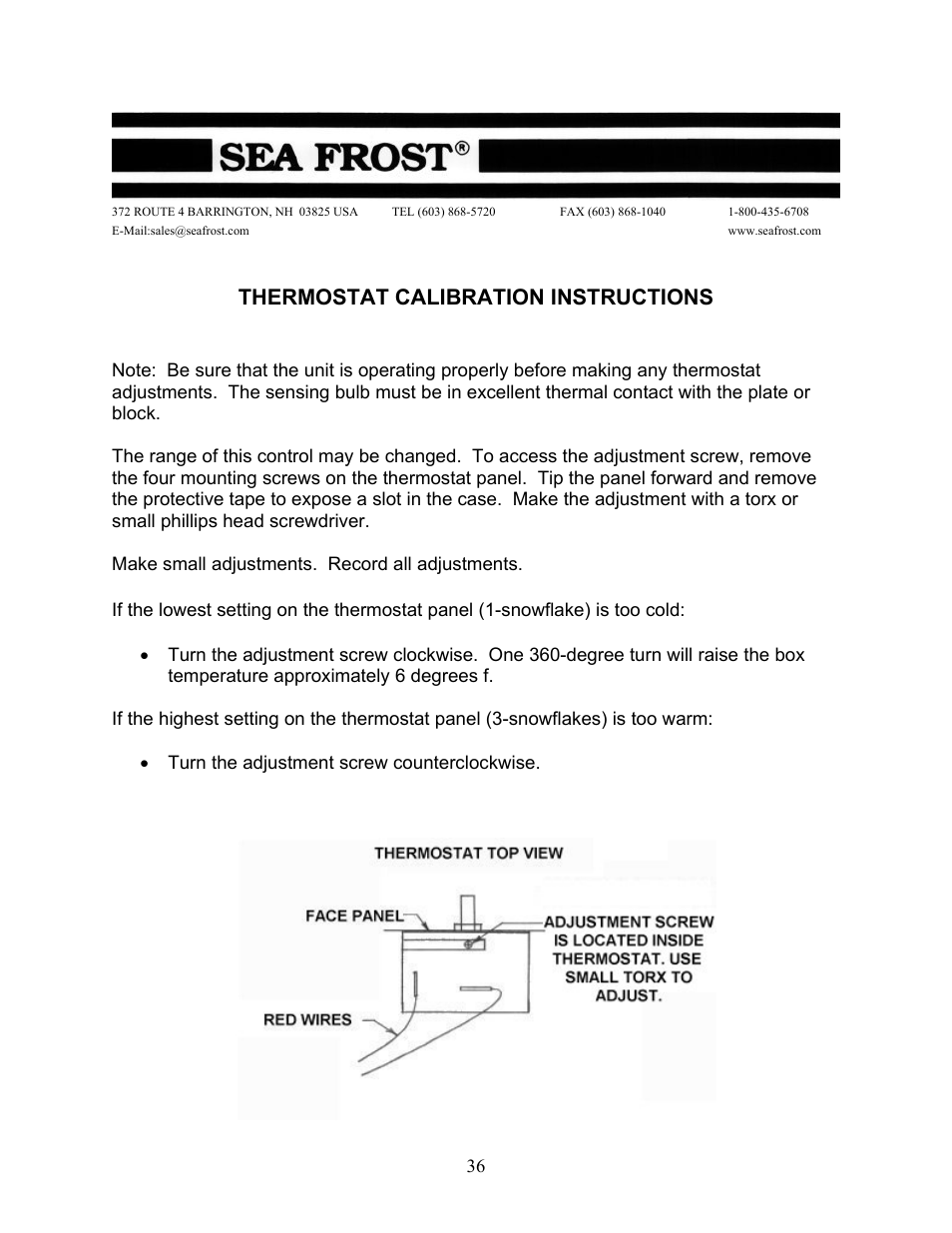 Thermostat calibration instructions | Sea Frost BG 2000 User Manual | Page 36 / 37