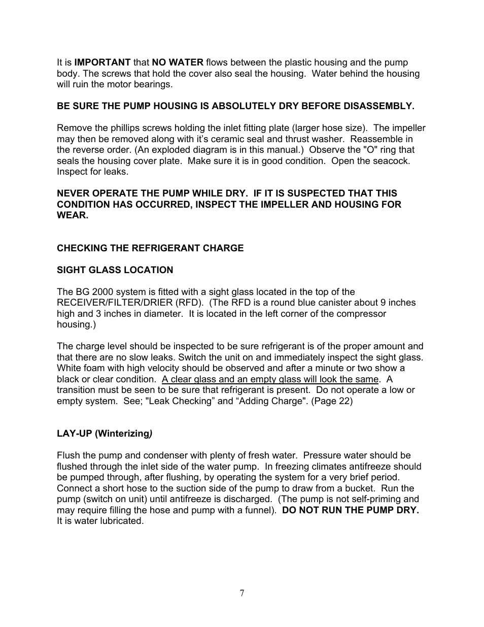 Lay-up (winterizing) | Sea Frost BG 2000 User Manual | Page 7 / 37