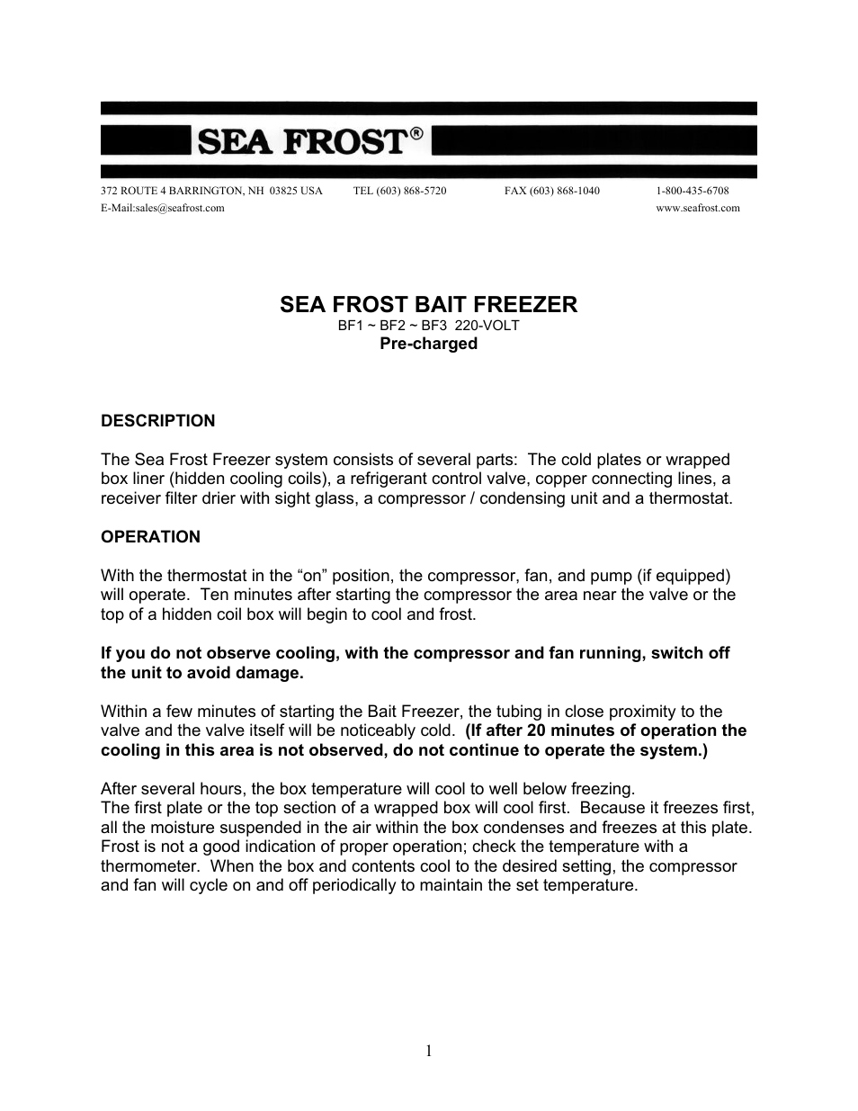 Sea Frost Bait Freezer User Manual | 11 pages
