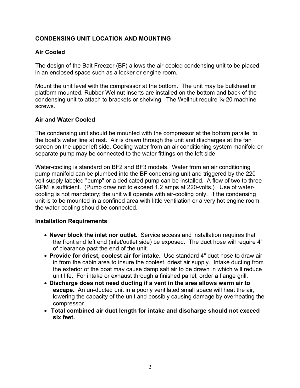 Condensing unit location and mounting, Installation requirements | Sea Frost Bait Freezer User Manual | Page 2 / 11