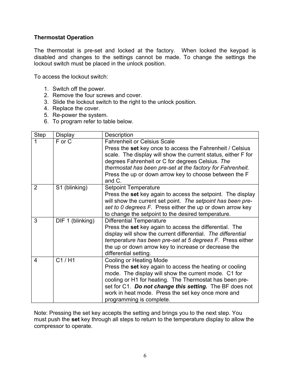 Thermostat operation | Sea Frost Bait Freezer User Manual | Page 6 / 11