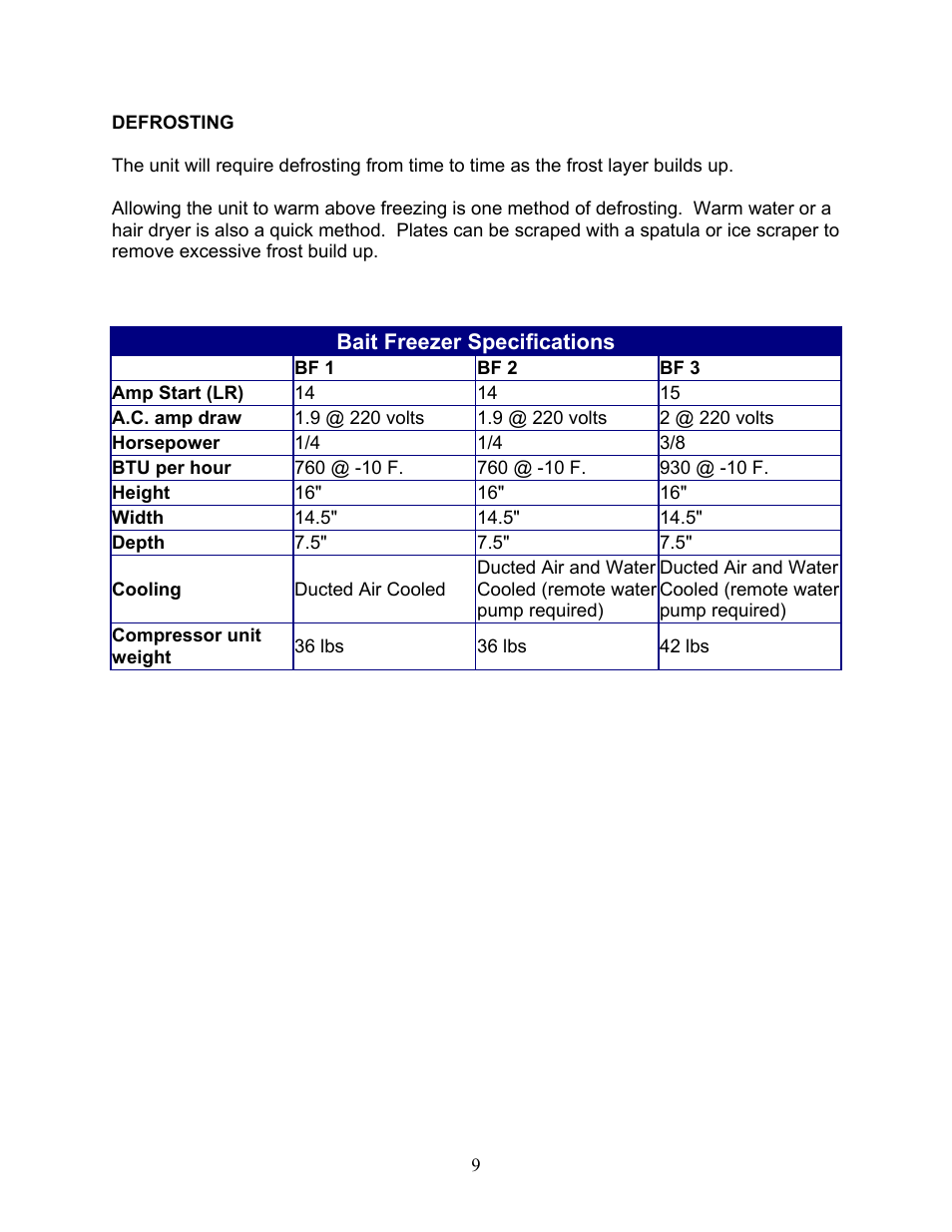 Bait freezer specifications | Sea Frost Bait Freezer User Manual | Page 9 / 11