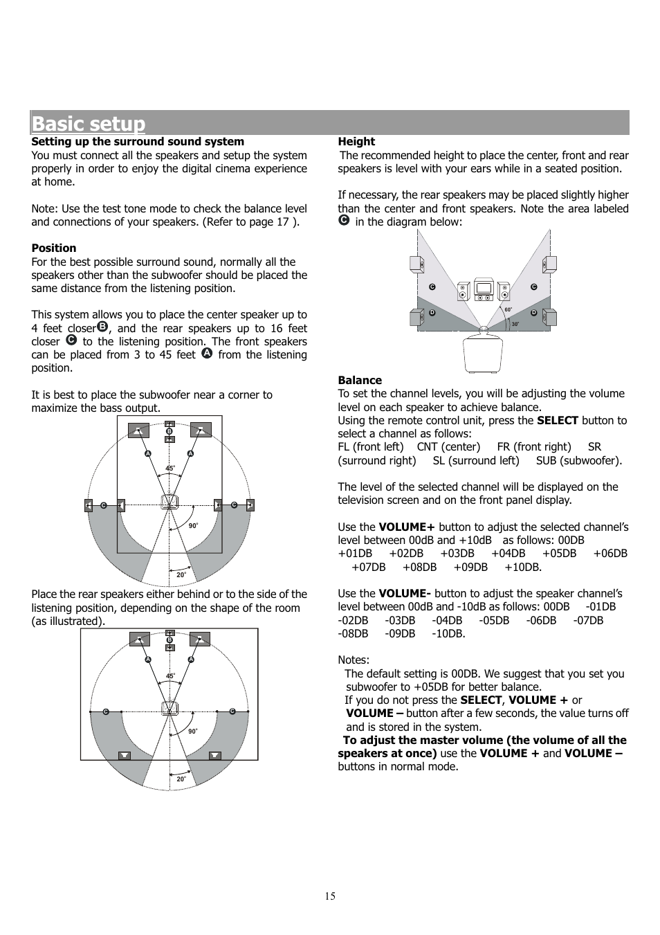 Basic setup, And the rear speakers up to 16 feet closer | Saba 31-5023 User Manual | Page 15 / 36