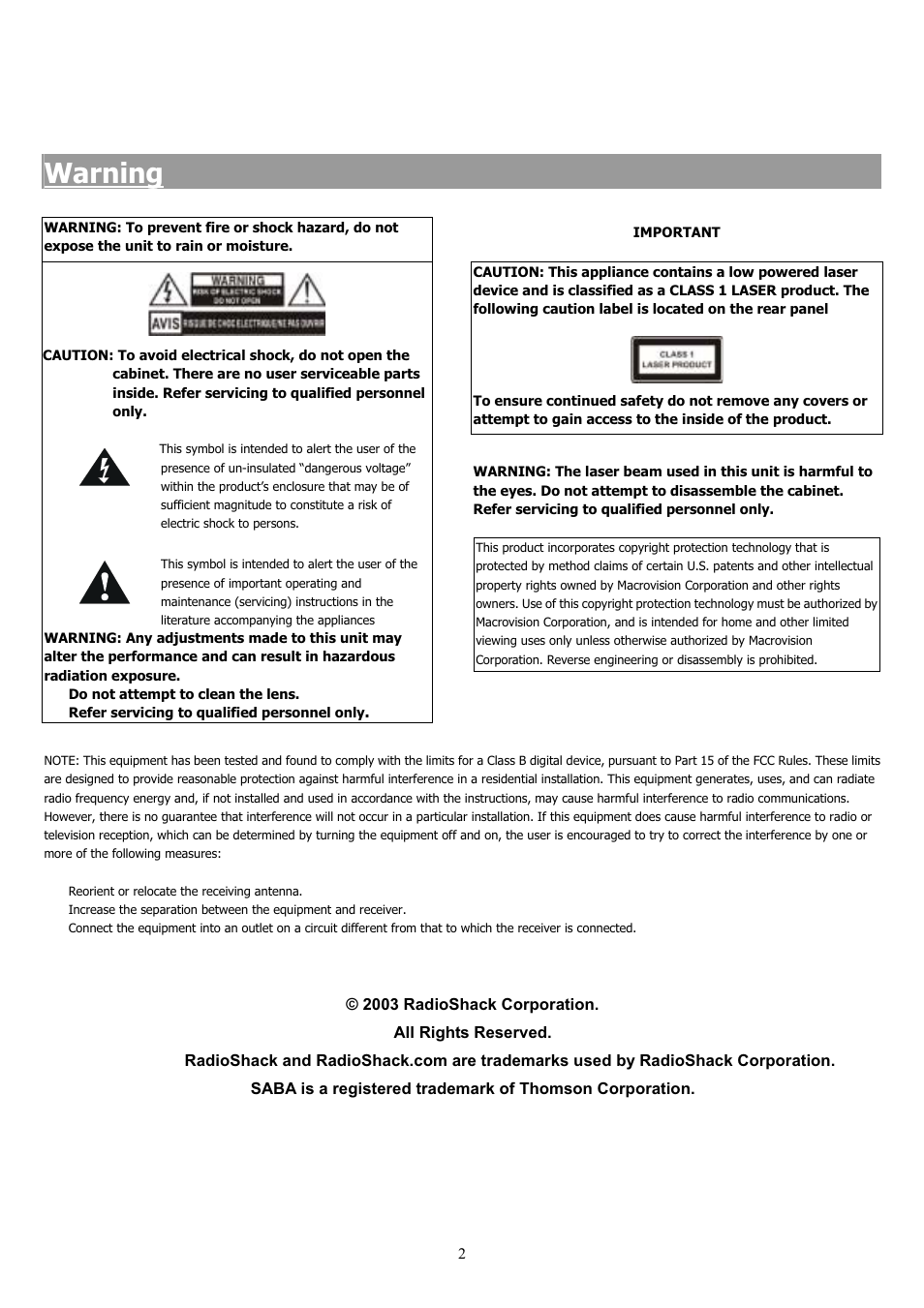 Warning | Saba 31-5023 User Manual | Page 2 / 36