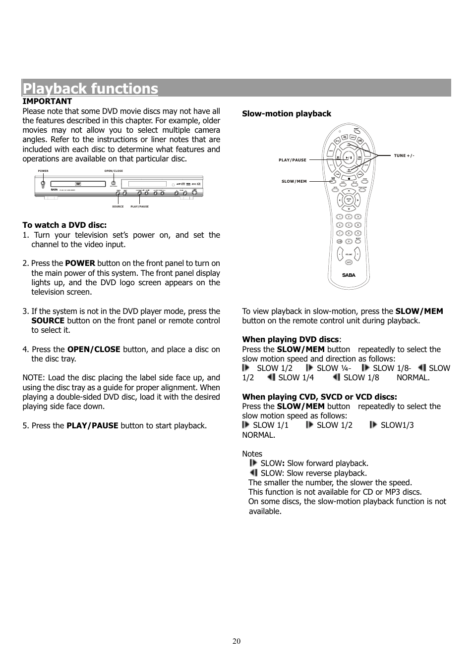 Playback functions | Saba 31-5023 User Manual | Page 20 / 36