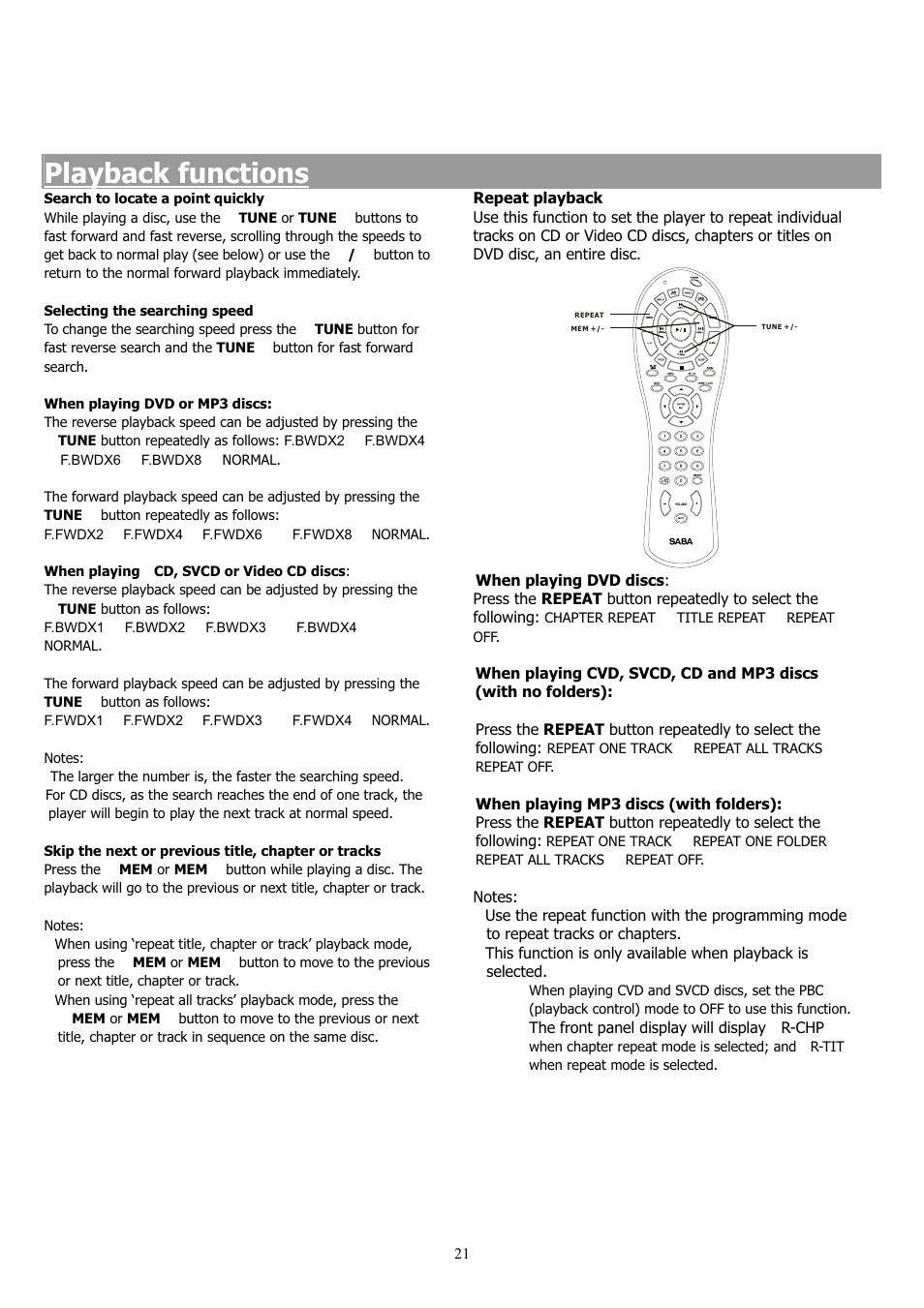 Playback functions | Saba 31-5023 User Manual | Page 21 / 36