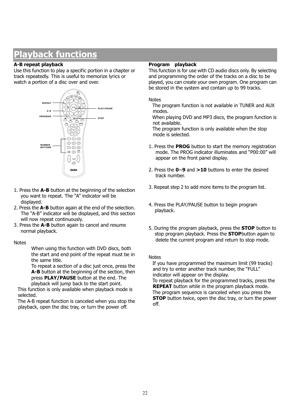 Playback functions | Saba 31-5023 User Manual | Page 22 / 36
