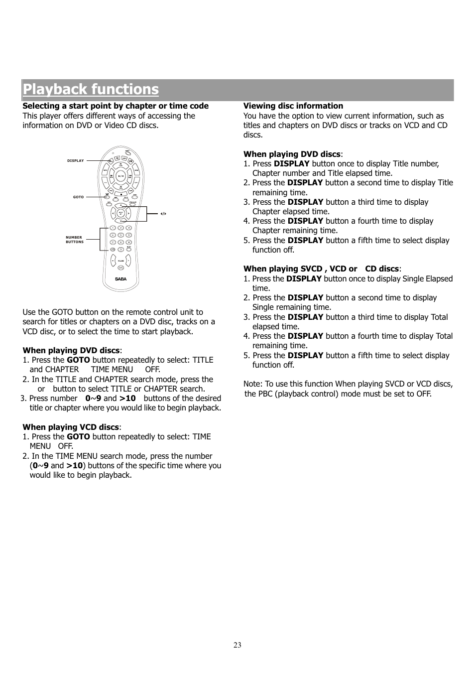 Playback functions | Saba 31-5023 User Manual | Page 23 / 36