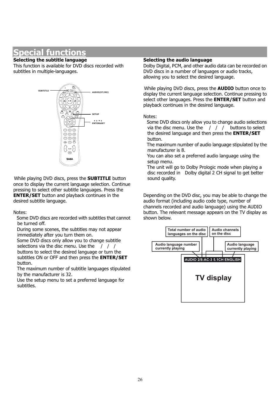 Special functions, Tv display | Saba 31-5023 User Manual | Page 26 / 36