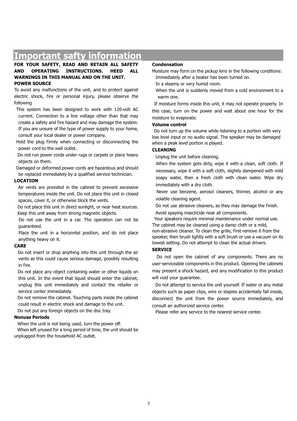 Important safty information | Saba 31-5023 User Manual | Page 3 / 36
