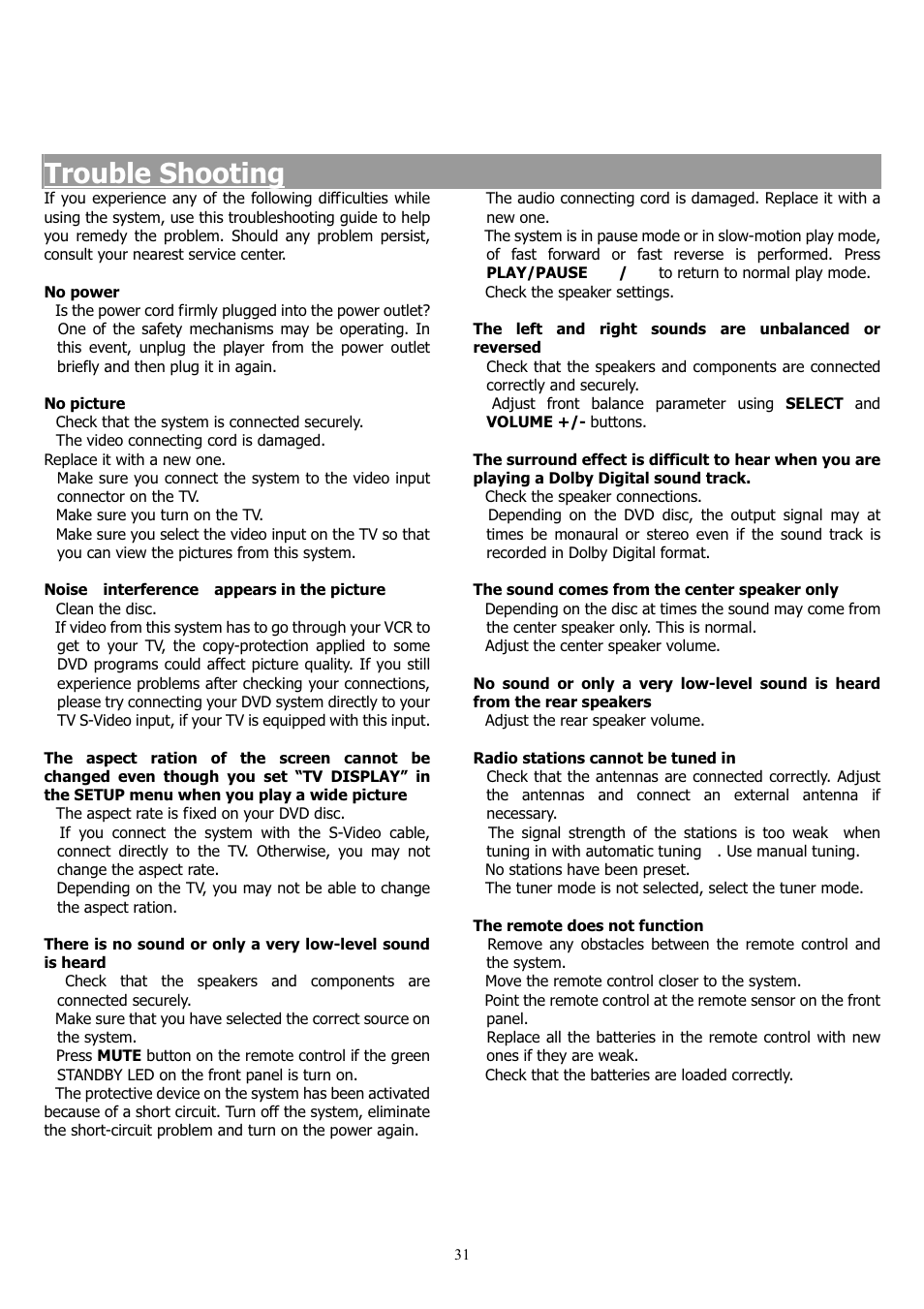 Trouble shooting | Saba 31-5023 User Manual | Page 31 / 36